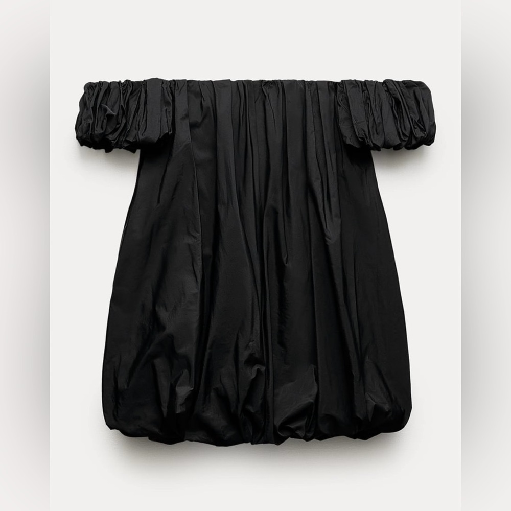 NWT ZARA Off Shoulder TAFFETA Black Mini Dress Balloon Dress Small With Lining - Picture 6 of 11